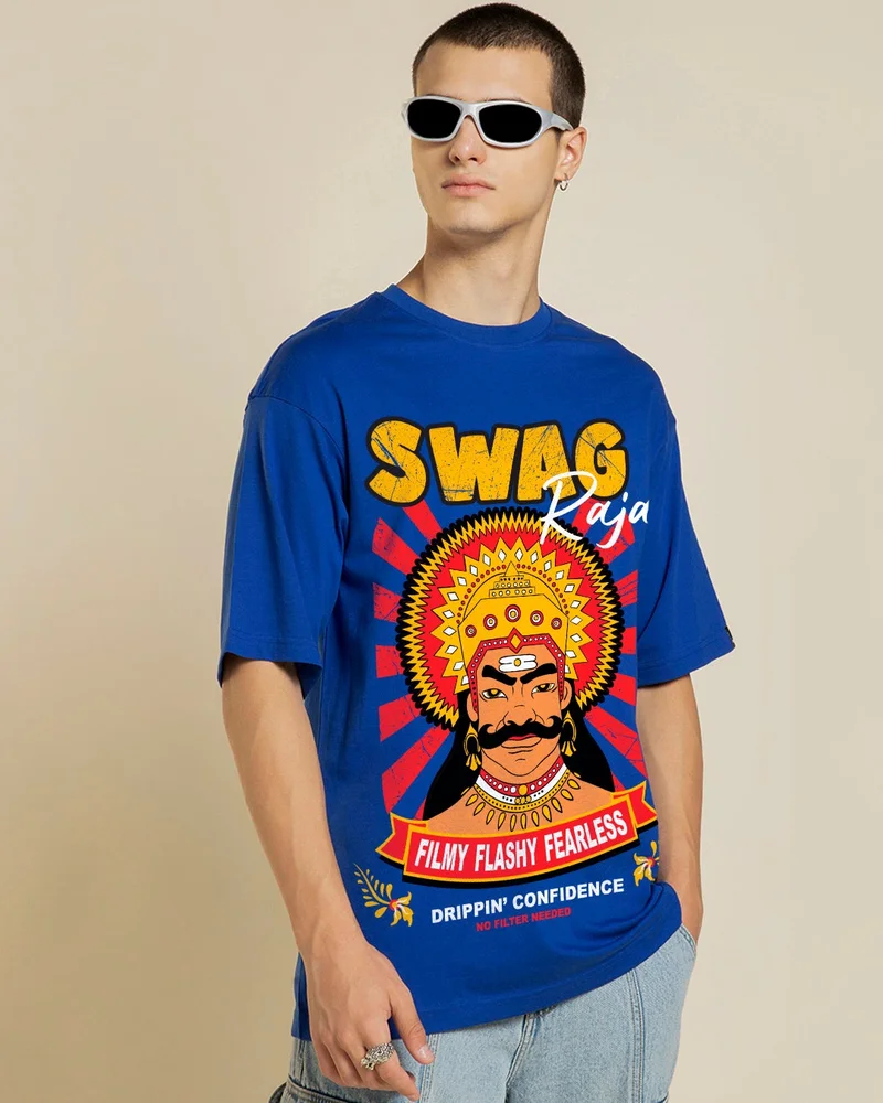 bewakoof Men's Blue Swag Raja Graphic Printed Oversized T-shirt